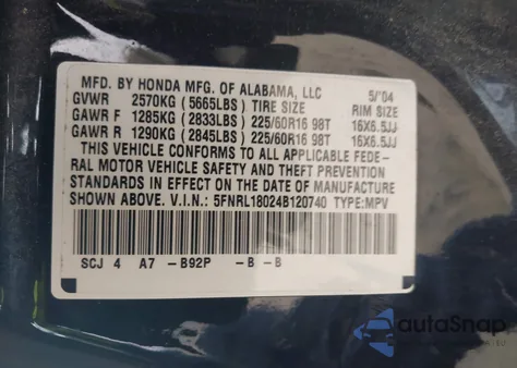 2004 Honda Odyssey Ex-L z USA, uszkodzony, nr VIN 5FNRL18024B120740